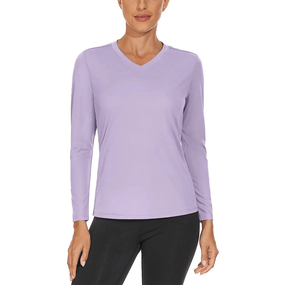 Women's UV-protective long sleeve top in lavender, V-neck; perfect for outdoor sports with breathable, quick-dry polyester fabric.